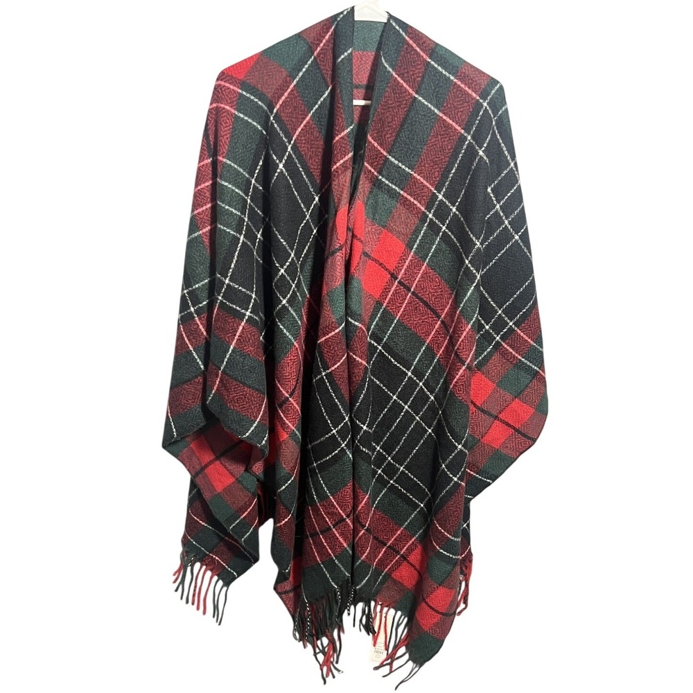 Francesca's Plaid Poncho Wrap Scarf Red Green Black Fringe One Size NWT